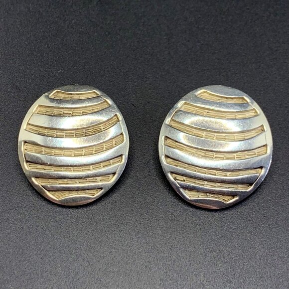 VTG Sterling Silver 925 Oval Clip-On Statement Earrings Ridge Textured Design - Picture 1 of 9